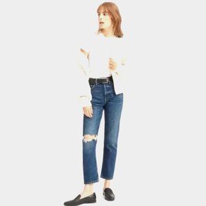 Everlane High Rise Button Fly Cheeky Knee Tear Jean,  Medium Wash